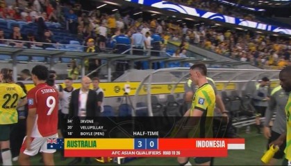 半场-印尼10归化首发0-3澳大利亚 迪克斯失点澳大利亚3分钟2球