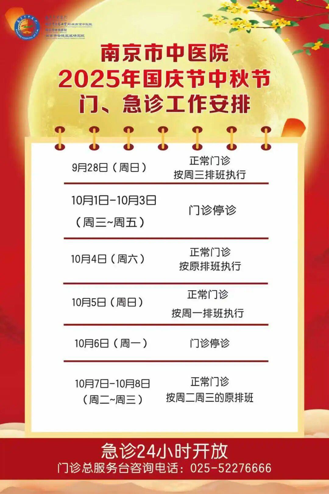 转需！南京部分医院国庆、中秋节期间门急诊安排！