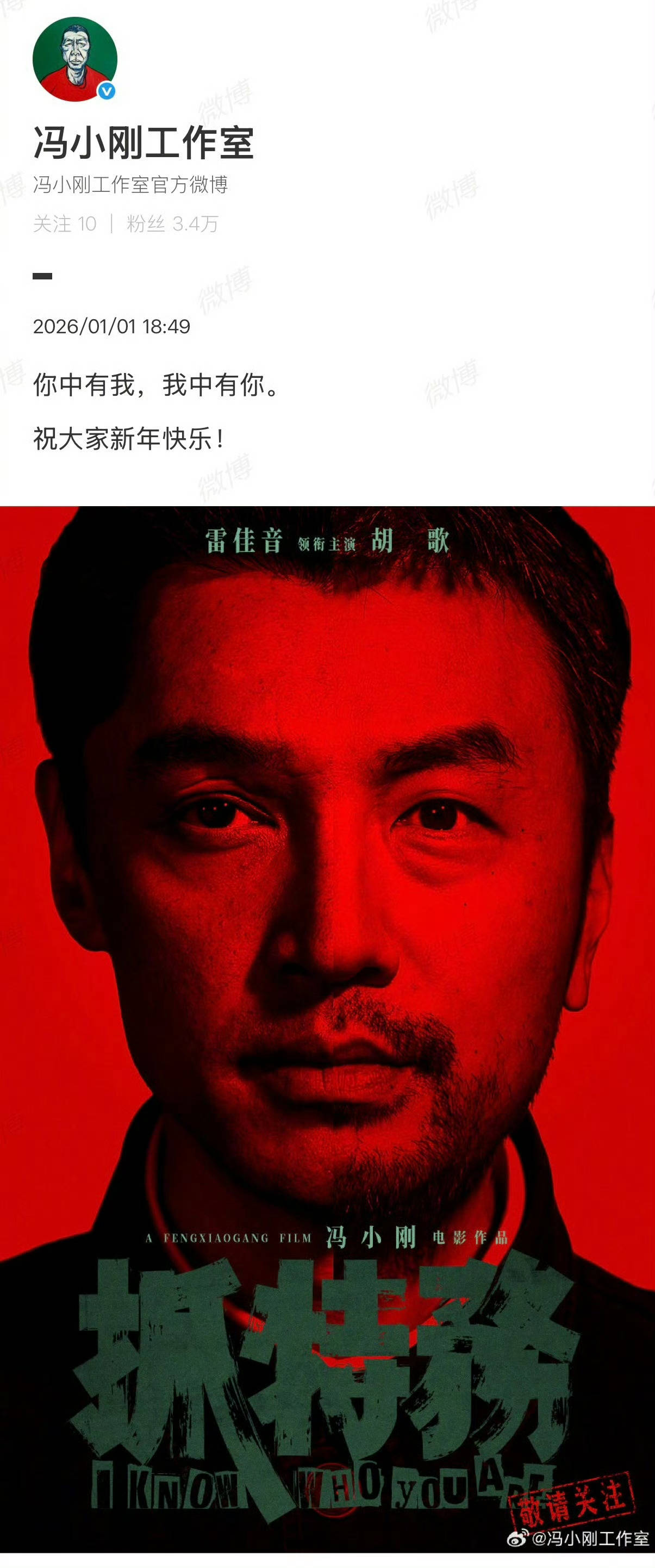 冯小刚执导犯罪剧情电影《抓特务》发布新年海报 主演雷佳音胡歌合体亮相