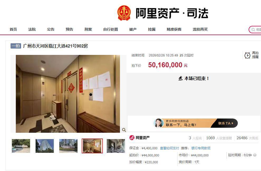 许家印侄子豪宅4400万元起拍，最终5016万元成交，其投资的广州雅旭公司涉及781件司法案件